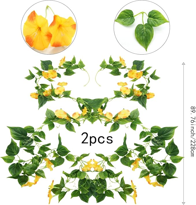 FERIAL Artificial Vines 15Feet Silk Flower Garland for Outdoors Yellow Morning Glory Vine Artificial Flowers Hanging Plants Garland Fake Green Plant 2Pcs for Wall Fence Indoor Wedding Banquet Decor