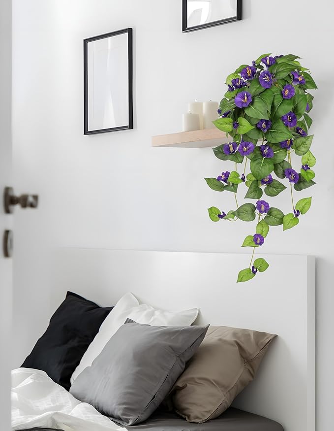 Briful Artificial Hanging Flowers 2 Pack 25.6" Fake Morning Glory Silk Floral Bush Faux Hanging Plants Outdoor Fake Flowers for Home Porch Garden Balcony Decoration(Purple)