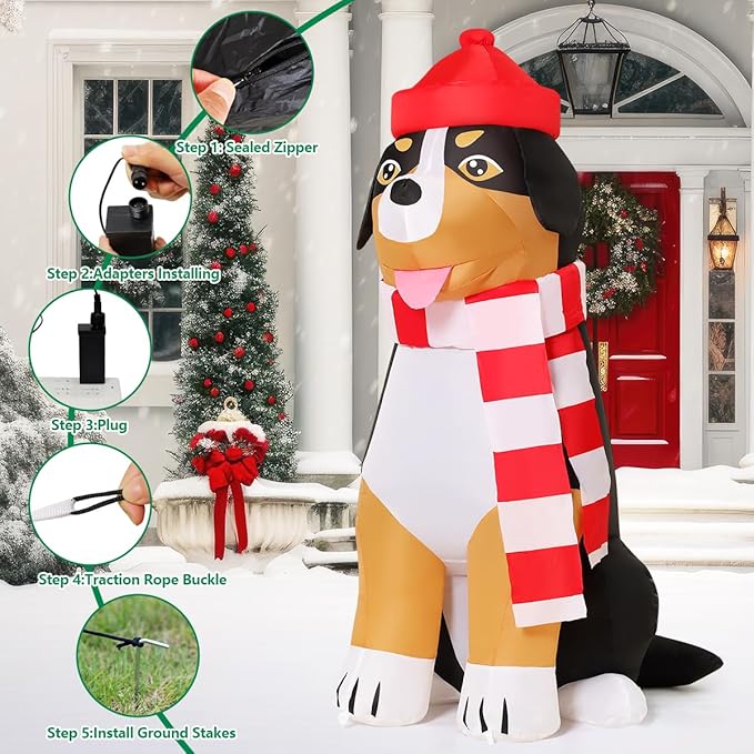 COMIN 4.5 FT Christmas Decorations Outdoor Inflatables Dog Christmas Scarf Blow Ups with Built-in LEDs for Yard Party Lawn Decor
