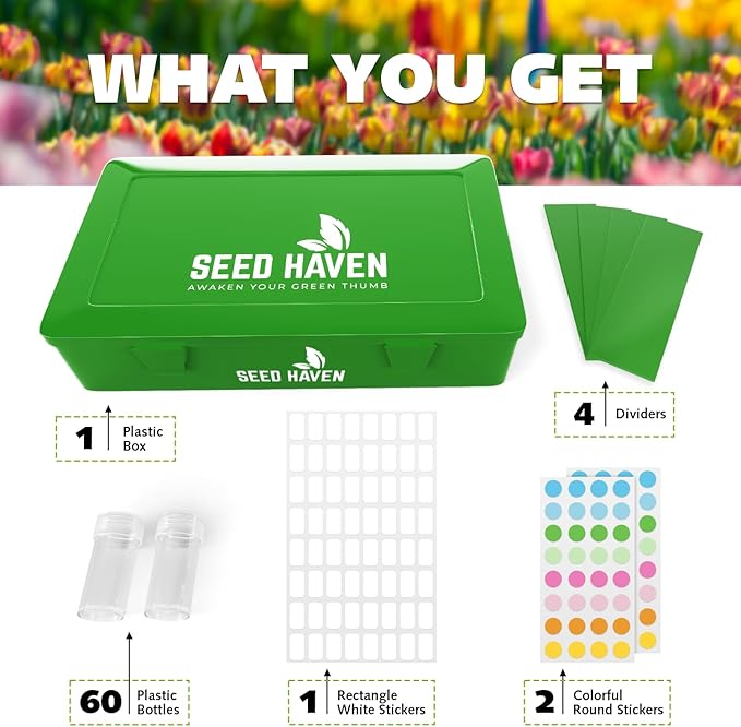 Seed Organizer Storage Box, Green Opaque Light Proof Seed Bank with 60 Transparent Bottles & Labels, Seed Holder Packet Organizer, Seed Vault Container for Homesteaders, Garden Tackle and Sorter