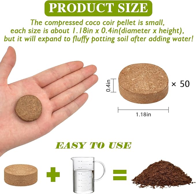 ZeeDix Coco Coir Potting Soil, 50pcs 30mm Compressed Coconut Fiber Seed Starter Soil Pellets, Coco Peat Soil Discs for Indoor Outdoor Plants, Herbs, Houseplants, Flowers, Succulents, Vegetables