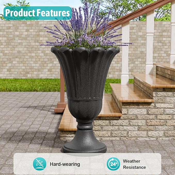 Tall Plastic Urn Planters for Outdoor Plants Set of 2-23.6" H Classic Petal Design Indoor Large Flower Pots with Drainage Holes, Outdoor Planters for Porch Decor/Garden Vase, Black