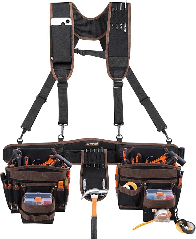 Tool Belts for Men, 36 Pockets Tool Belt with Suspenders, Heavy Duty Tool Belt Suspenders with Detachable & Adjustable Tool Pouches Bag for Electrician, Carpenter, Construction, Framers(35"-61")