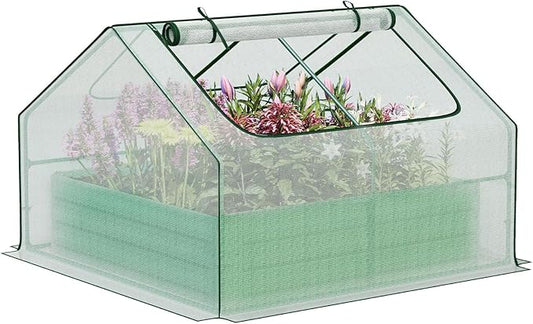 Aoodor 4 x 4 x 1 ft Galvanized Raised Garden Bed, Mini Greenhouse Kit with 2 Roll-up Zipper Doors for Vegetables, Flowers, and Herbs, White