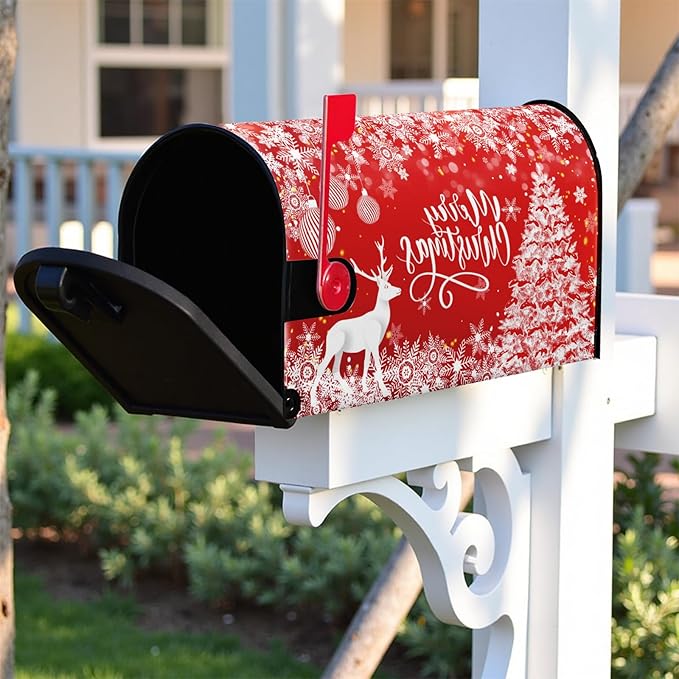 Merry Christmas Mailbox Covers Magnetic Large Size 25.5 x 21 Winter Deer Snowflake Oversized Mailbox Cover Xmas Tree Post Letter Box Cover for Outside Garden Yard Red