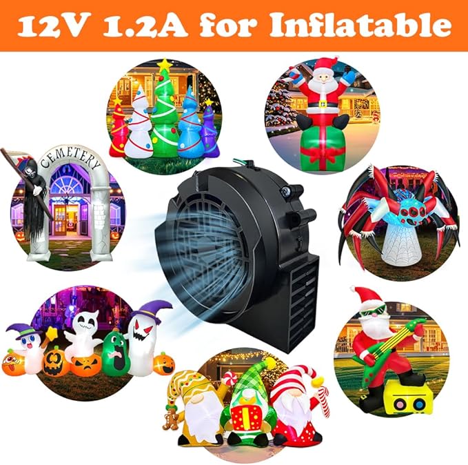 Inflatable Fan Replacement 12V 1.2A, Mini Air Blower Fan with 12V 1.5A Adapter and 3 LED Bulbs for Halloween Christmas Inflatable Outdoor Yard Decorations