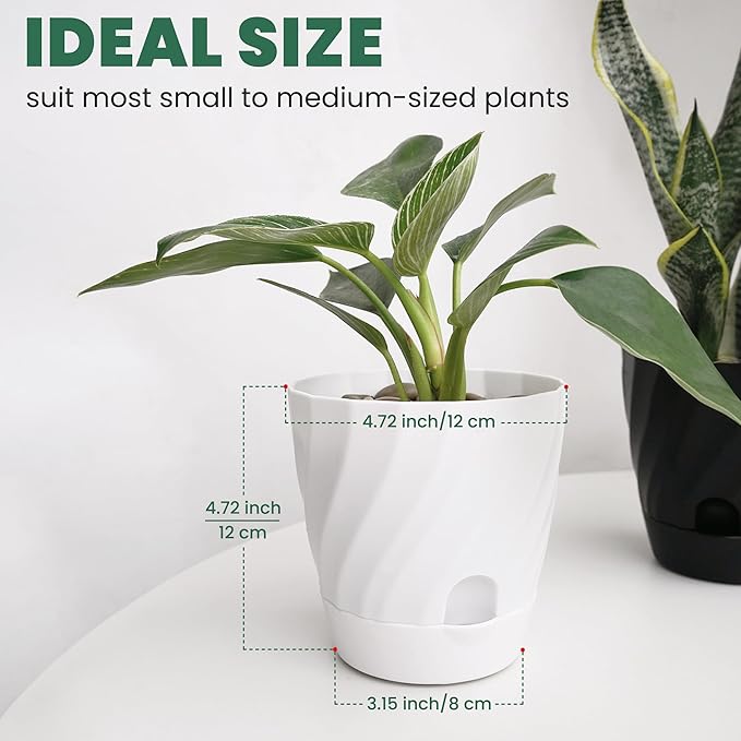 Plant Pots with Drainage, Self Watering Pots for Indoor Plants, Home Decor Flower Planters, 6 Pack Plastic Planters Succulent Pots, Black