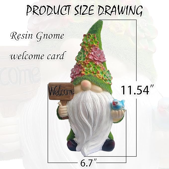 Gnome Garden Decor Statue Solar Gnomes Decorations for Yard with Succulent and 6 LED Lights Outdoor Figurines Light,Lawn Decor for Patio, Balcony, Yard Ornament - Unique Housewarming Gifts