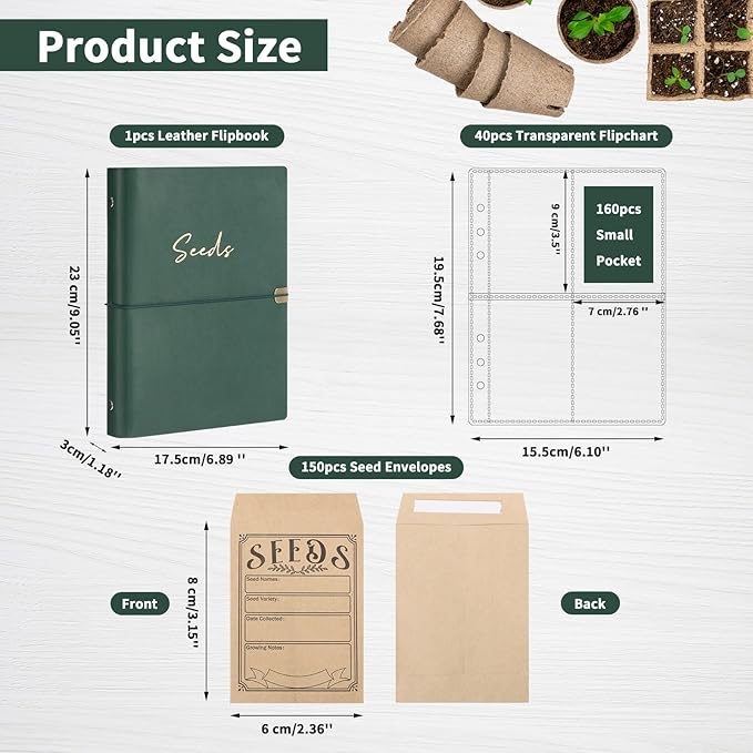 Garden Seed Storage Organizer Binder - 150 Resealable Seed Envelopes Brown Shell with 40 Sheet Protectors for Efficient Seed Packet Organization - Green