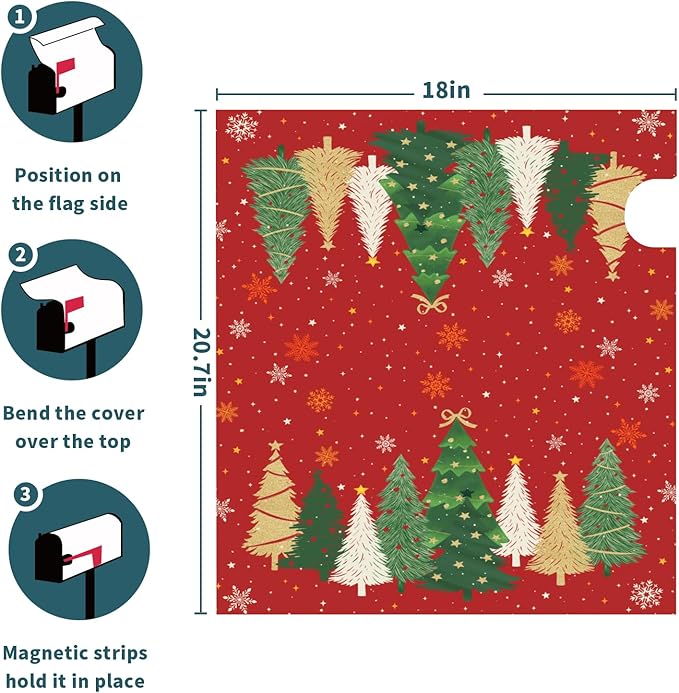 Christmas Mailbox Covers Magnetic Standard Size Xmas Tree Print Red Winter Mailbox Wraps Holiday Themed Outdoor Decorative Letter Box Cases for Home Garden Outside Decor, 21x18 Inch