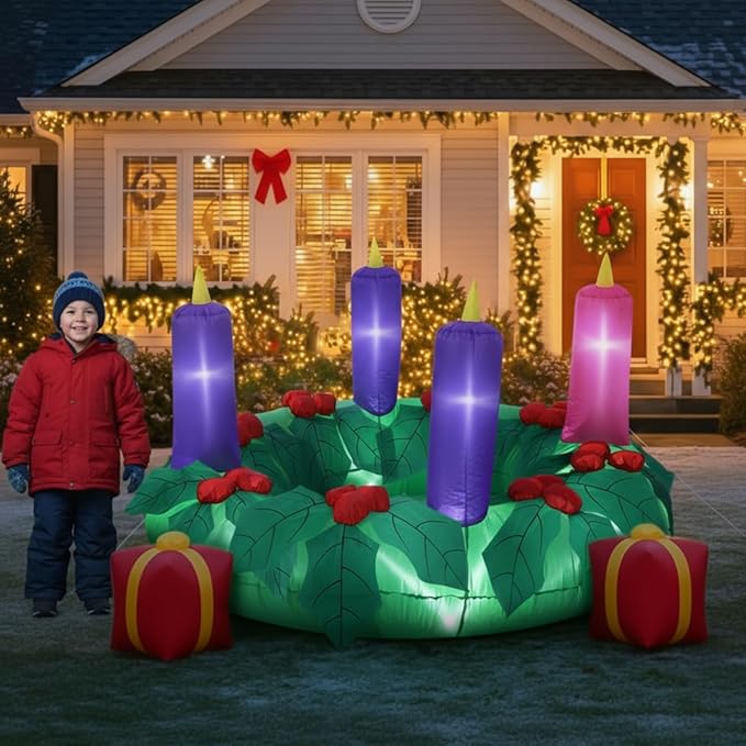 6ft Christmas Outdoor Large Inflatable Advent Wreath Blow up Decor with 4 Candles & LED Lights, Pre Filled Sandbags & Blower for Yard, Church, Lawn Decoration