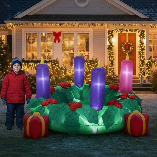 6ft Christmas Outdoor Large Inflatable Advent Wreath Blow up Decor with 4 Candles & LED Lights, Pre Filled Sandbags & Blower for Yard, Church, Lawn Decoration