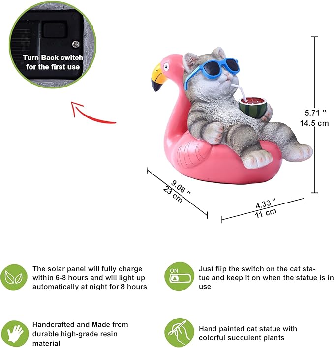 Nacome Cat Lying Flamingo for Garden Statue: Solar Outdoor Decor Figurine for Clearance Outside Lawn Ornaments Porch Patio Balcony – Gifts for Grandma Mom