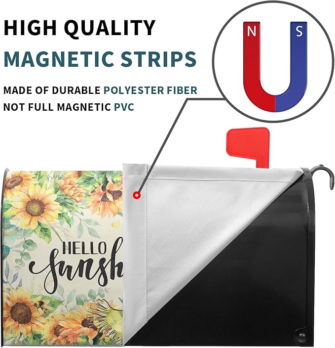 Hello Sunshine Cat Magnetic Mailbox Cover for Garden Yard, Summer Sunflowers Bee Kitten Waterproof Mailbox Wrap Post Cover for Outdoor Outside Patio Decor, Large Size 25.5x21 Inch