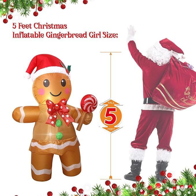 Christmas Inflatables Gingerbread Man Girl Lighted Yard Lawn Inflatable Decoration with Built-in Fan and Stakes Ropes Holiday Party Decor, Christmas Decor (5FT-Gingerbread Girl Holds Candy)