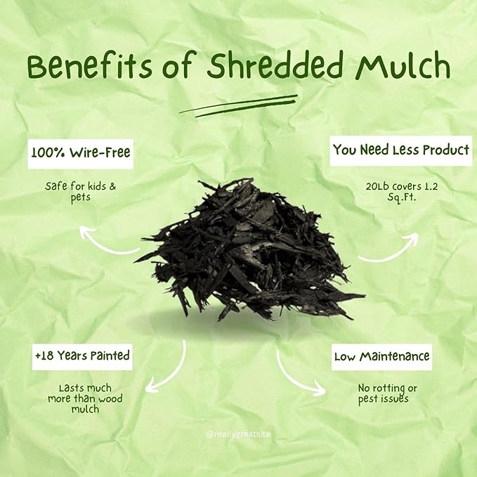 100% Wire-Free Shredded Rubber Mulch – Black – 20 lb (0.6 cu ft) – Long-Lasting, Low Maintenance, Safe for Kids & Pets – Ideal for Landscaping & Playgrounds