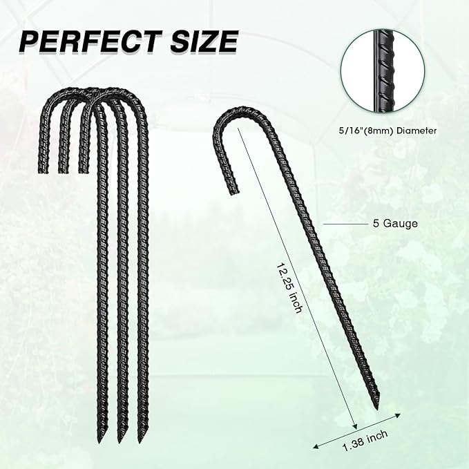 12 Inch Rebar Stakes Heavy Duty, 10 Pack Garden Stake J-Hook, Electrostatic Rust Proof Metal Stakes for Tent, Landscape,Outdoor Decorations, Fabric Ground Cover, Tube Fixing (Black, J-12in-10pc)