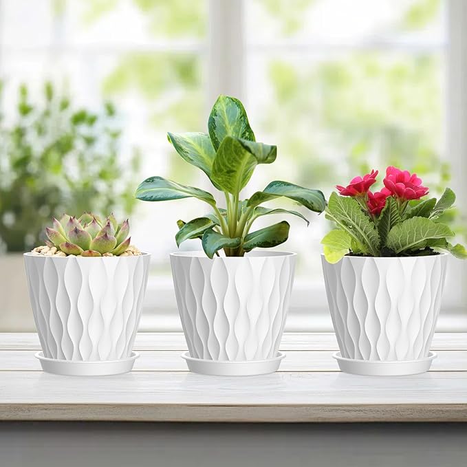 12 Pack 4 Inch Small Plant Pots with Saucers, Waffle Texture Plastic Planters with Drainage Holes for Indoor and Outdoor Plants, Flowers, Herbs, Succulents, and Seedlings, White