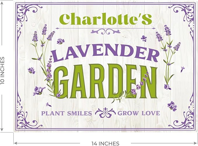 Custom Lavender Garden Sign, Personalized Name for Flower Garden, Christmas Gift and Backyard Décor Sign, 10x14 Inches, Rust Free .040 Aluminum, Fade Resistant, Made in USA by Sigo Signs