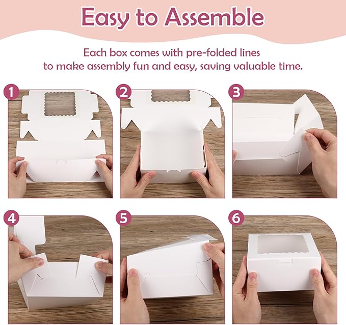 100 Pcs Bakery Boxes with Window, 6x6x3 Inches Cookie Boxes, White Paperboard Treat Boxes for for Pastries, Cookies, Strawberries, Macarons, Desserts, Cupcakes with paper stickers