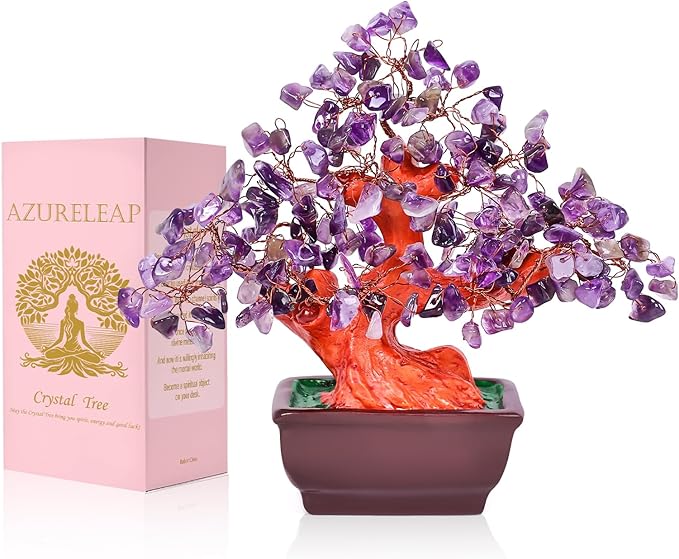 Feng Shui Quartz Crystal Money Tree Bonsai Style Decoration for Luck and Wealth (Purple)