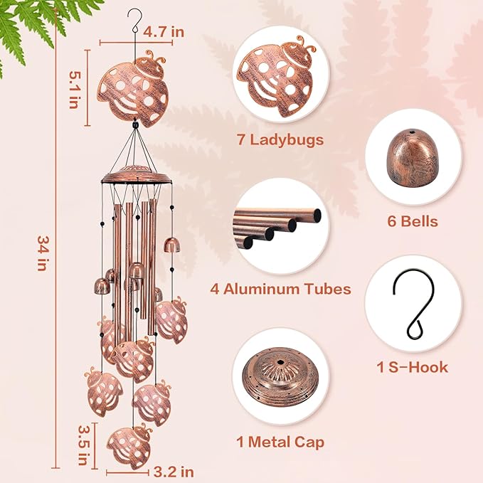 Ladybug Wind Chimes for Outside,Ladybug Gifts for Women Men/Memorial Gifts/Birthday Gift Metal windchimes Outdoors/Indoors,Garden Decor,Patio,Home,Porch,Yard Decorations
