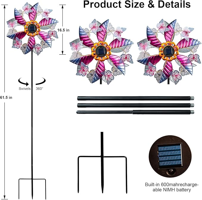 Large Solar Wind Spinners for Yard and Garden - 360° Metal Large Wind Sculptures Outdoor Clearance Kinetic Windmills with Vine String Shining LED Lights for Patio, Lawn Garden Decoration