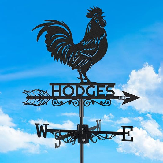 Personalized Rooster Metal Weather Vane, Custom Family Name Weathervane, Wind Direction Indicator, Weather Vanes Roof Mount, Wind Vane Outdoor Decor for Yard Farmhouse Cupolas, Housewarming Gifts