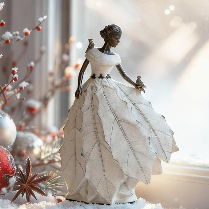 DiliComing Fairy Garden Accessories Outdoor Statue - 14.5 Inch Table Decor for Living Room Garden Maiden Bookshelf Decor Xmas Resin Holly Leaves Maiden White Statue