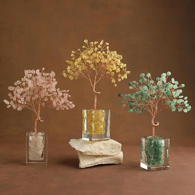 Rose Quartz Crystal Tree of Life Office Desk Decor for Women Home Living Room Decorations, Handmade Bonsai Tree for Emotional Support Harmony Natural Healing