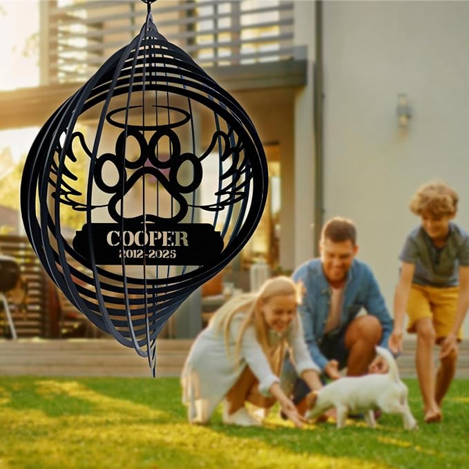 Personalized Dog Memorial Wind Spinners, Custom Name Garden Wind Spinners, Hanging Outdoor Decor, Yard Art, Metal Hanging Wind Spinner for Indoor Lawn Patio Porch, Dog Remembrance Gift Color02