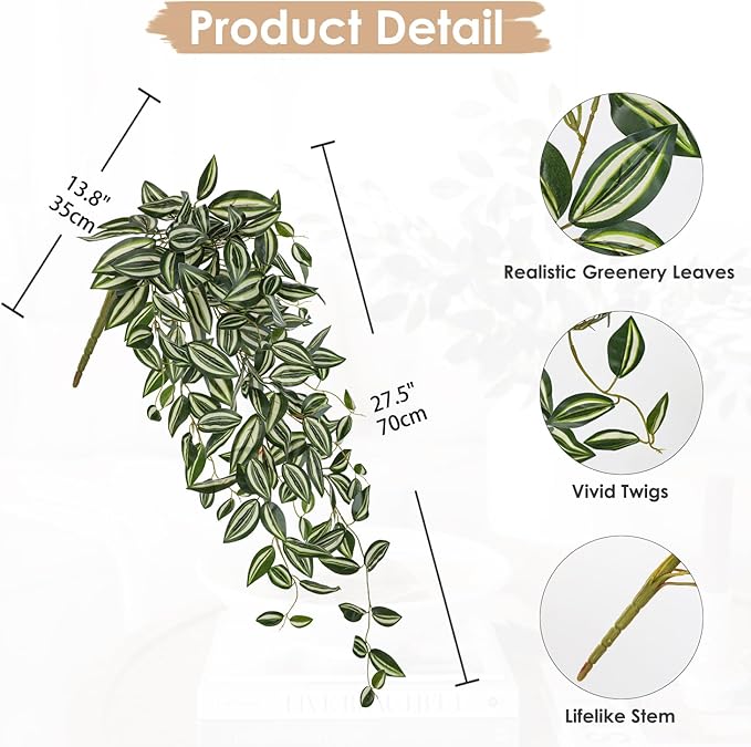 DILATATA Fake Hanging Plants Artificial Hanging Plants 187 Leaves Faux Wandering Jew Hang Leaves Plant for Wall Shelf Home Indoor Outdoor Decor - 2 Pack