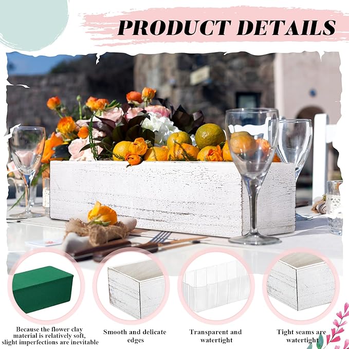 Dandat 2 Set Wood Boxes for Centerpieces 12x4 Inch Rectangle Wooden Planter Box Rustic Wooden Planters with Removable Plastic Liner Floral Foam Blocks for Christmas Wedding Home Garden Decor
