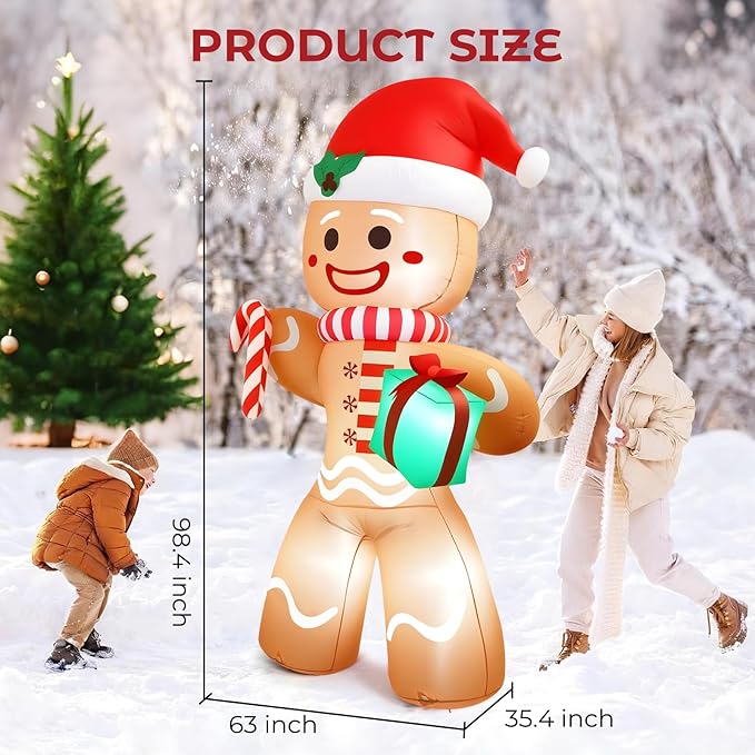 Christmas Inflatable Gingerbread Man, Blow Up Holiday Party Decor with Build-in LED Lights, Waterproof Inflatable Christmas Decorations for Outdoor Roof Yard Lawn Garden Indoor (Brown, 8FT)