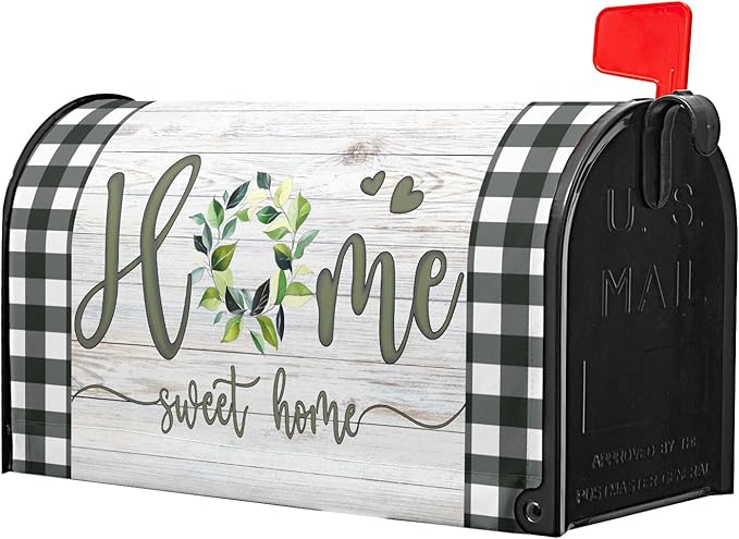Home Sweet Home Magnetic Mailbox Cover, Spring Leaf Buffalo Plaids Decorative Waterproof Mailbox Wrap Letter Post Cover for Garden Yard Outdoor Outside, 21x18in Standard Size