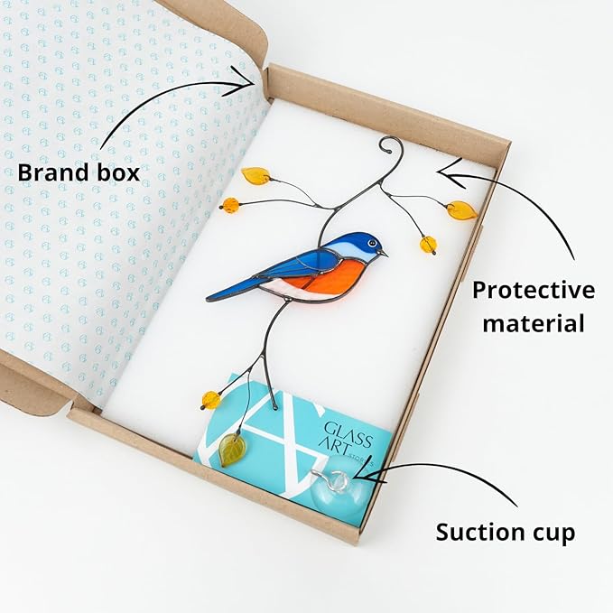 Gift Birds Handmade Stained Glass Suncatcher Genuine Stained Glass Window Hangings Unique Indoor Ornament & Outdoor Decor (Bluebird)