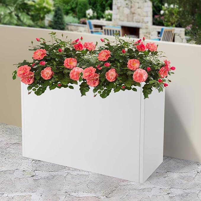 Metallic Heavy Planter Box, Large Metal Planter with Removable Insert Shelf for Outdoor/Indoor, Tall Trees, Plants, Flowers, Easy Assembly (White, 38 * 12 * 24inch)