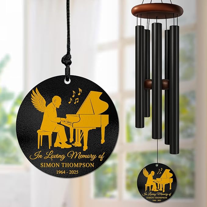 Personalized Piano Memorial Wind Chimes for Outdoors – Custom Name & Years Remembrance Gift for Music Enthusiasts – Soothing Bereavement Chimes – Sympathy Gifts for Comfort & Tribute Keepsakes