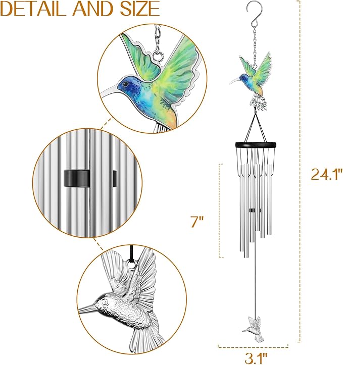 Outdoors Hummingbird Wind Chimes Sympathy Memorial for Loss of Loved One - Soothing Melodic Tones Aluminum Chime Great as a Gift for Your Patio Porch Garden and Backyard (Silvery, Hummingbird)