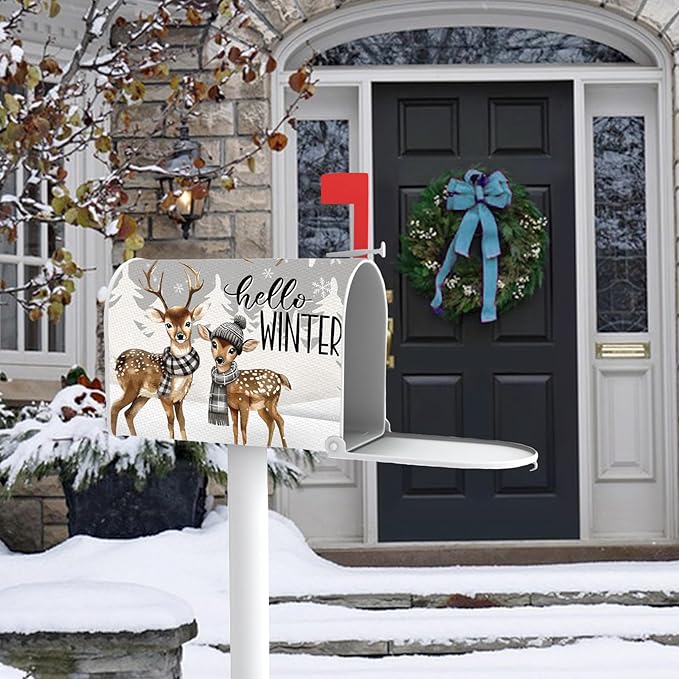 Hello Winter Reindeer Mailbox Cover Magnetic Standard Size 20.5" x 18", Pine Trees Snowflake Decorative Post Letter Box Wrap Decor, Christmas Seasonal Garden Yard Outdoor Decoration