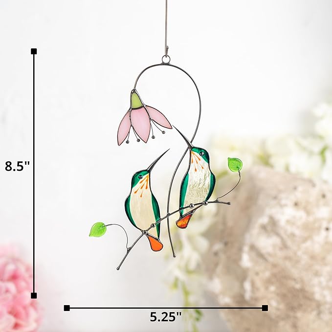 Hummingbird Cardinal Birds Stained Glass Suncatcher Genuine Stained Glass Window Hangings Unique Indoor Ornament & Outdoor Decor (Two Hummingbirds)