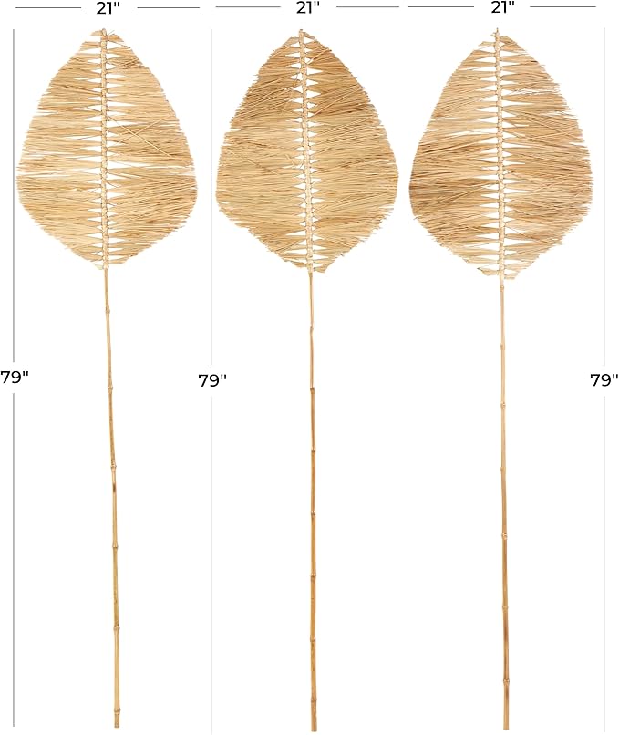 Deco 79 Bamboo Wood Leaf Handmade Home Decor Natural Foliage Tall Palm Leaf Stick Tassel Natural Dried Foliage, Set of 3 Foliage for Decoration 21" W, 79" H, Light Brown