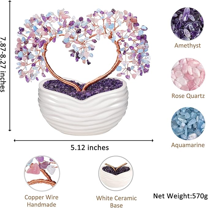 Jovivi Natural Crystal Heart Money Tree Healing Gemstone Bonsai Tree for Wedding Ceremony Reiki Balancing Energy Meditation Feng Shui Wealth & Good Luck Home Indoor Office Decor 7.87"-8.26"