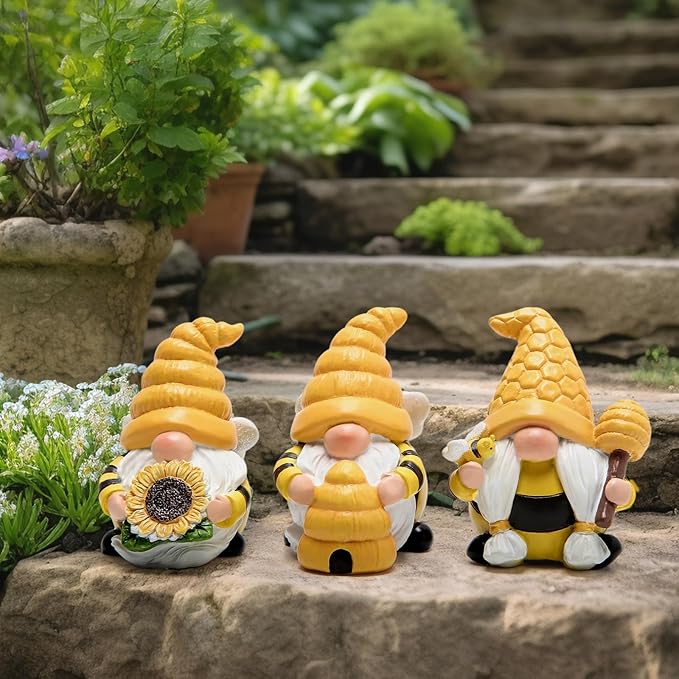 Hodao 3 PCS Bumble Bee Spring Gnome Figurines Decorations Honey Elf Ornaments World Bee Day Decor Gifts for Home, Porch, Yard, Flower Bed Outdoor Garden Decor Gifts for Women, Mom