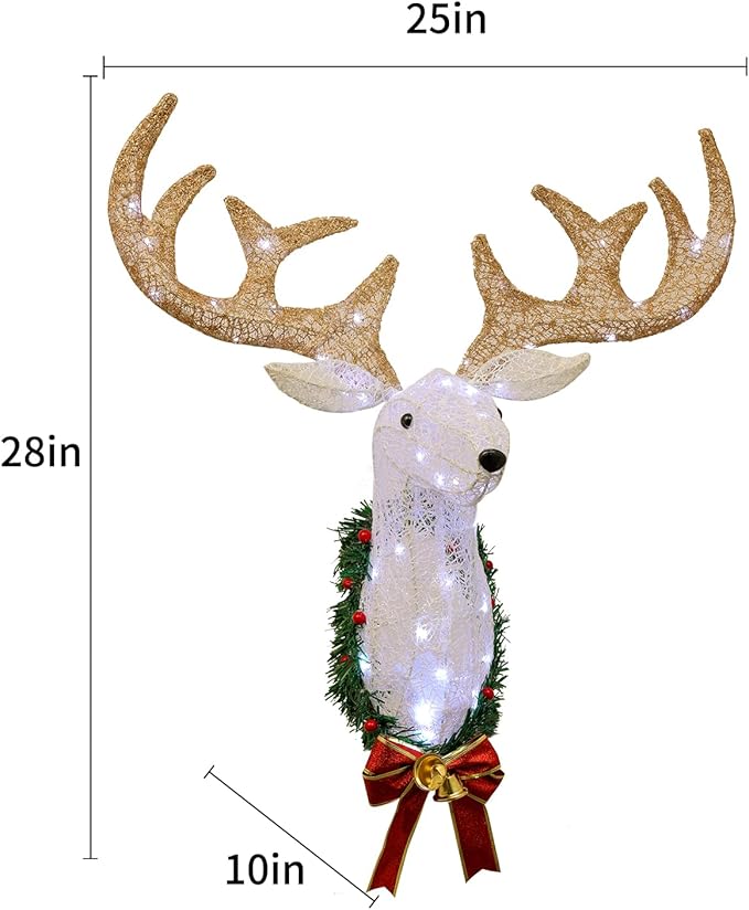 zekirose Lighted Christmas Reindeer Head Wall Decor，3D Rudolph Hanging Wreath，50 Waterproof Lights for Indoor/Outdoor Use. Decoration during Xmas Holidays. Ideal Christmas Deer Outdoor Décor.