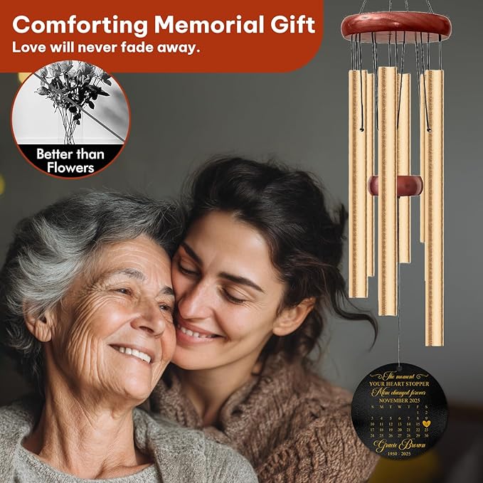 Personalized Memorial Wind Chime – “The Moment Your Heart Stopped, Mine Changed Forever” Custom Calendar Design – Engraved Name, Date – Sympathy Gift for Loss of Loved One – Memorial Windchimes