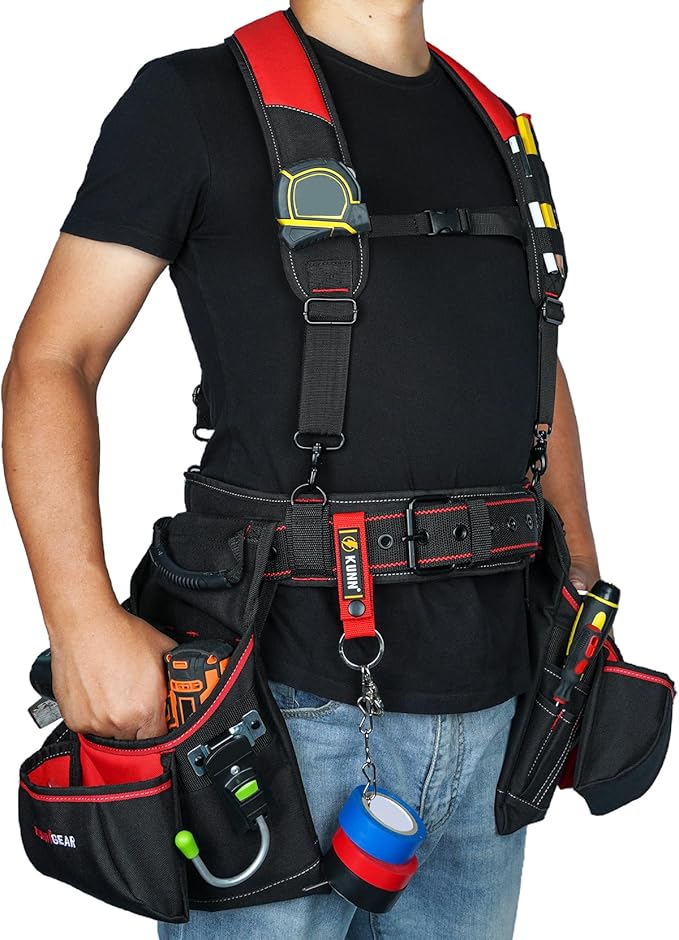 KUNN Tool Belt with Suspenders - Pro Framer Belt/Suspenders Combo Apron(Removable Pouch and Waist Belt) with Multiple Pockets & Hammer Holder for Carpenter,Construction and Electrician,Red