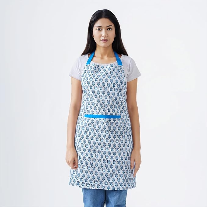 CPC Cotton Floral Kitchen Apron for women with Pocket and Adjustable Neck Ties. Apron for Women Men Chef-Hand Block Printed
