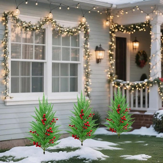 Green Pine Christmas Tree Stake Realistic Decorative Berry Artificial Plants Garden Stakes with Ground Spike (Green 2, One Size)