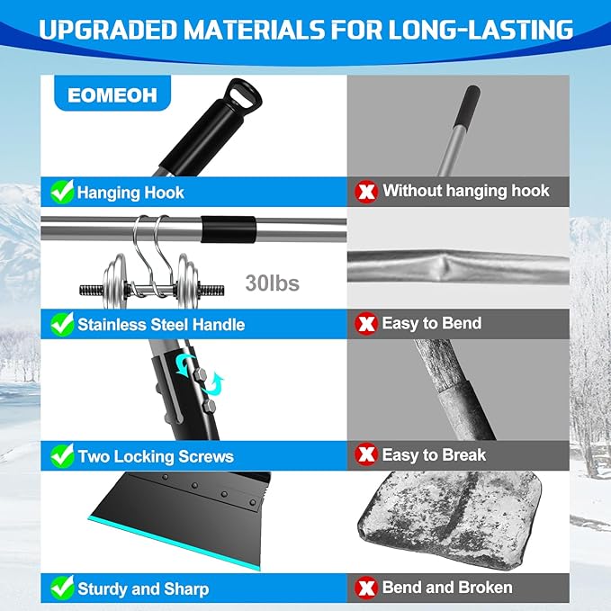 Snow Shovel, EOMEOH Ice Scraper Heavy Duty, 11"Wider Garden Flat Floor Scraper with 53" Long Adjustable Handle, Multifunctional Gardening Spade Shovel, Cleaning Scraper for Driveway, Weed, Lawn Edging